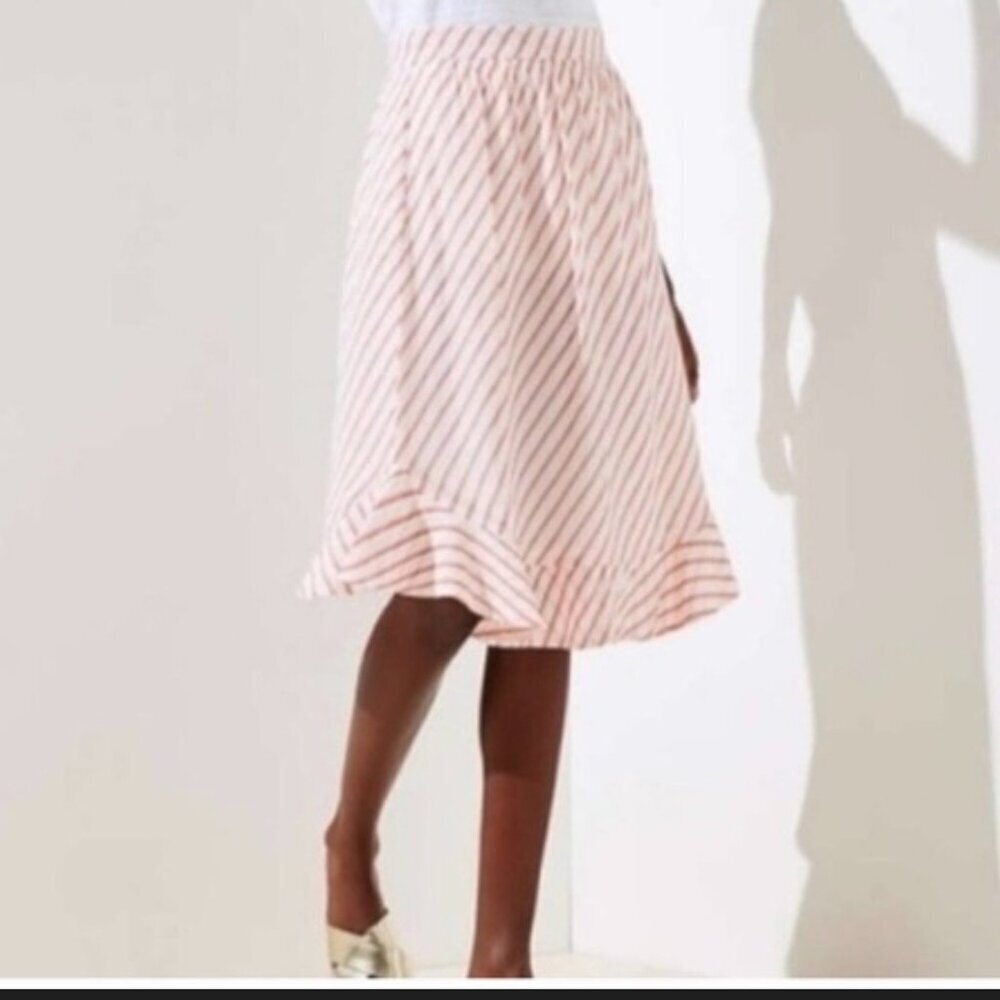 LOFT Striped Midi Skirt  Spring Size 10 White Red Ruffle Hem A-Line Women NWT